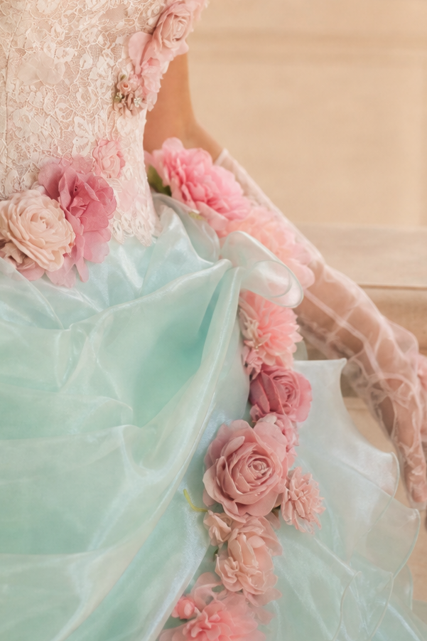 Mint Green and Pink Fairytale Ball Gown Tiered Ruffle Dress with Floral Appliqué and Lace Corset Back Plus Size
