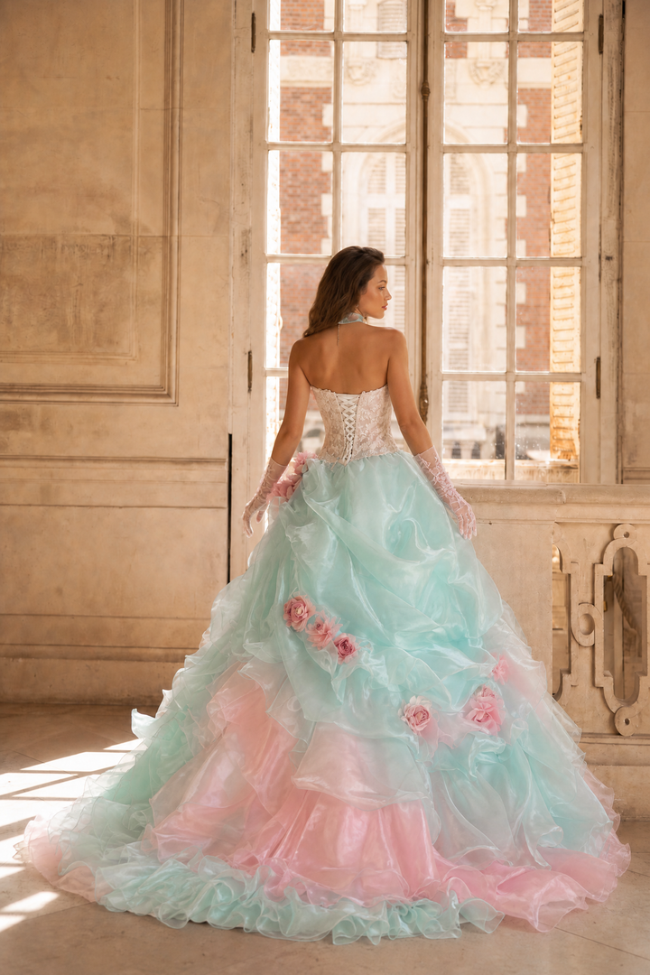 Mint Green and Pink Fairytale Ball Gown Tiered Ruffle Dress with Floral Appliqué and Lace Corset Back Plus Size
