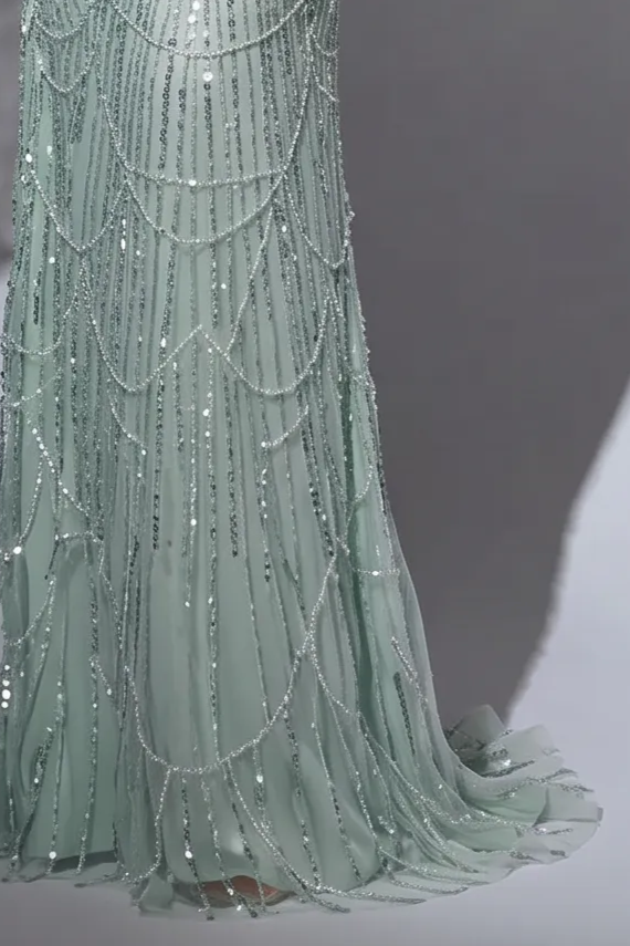 Mint Green Beaded Cold-Shoulder Dress - Pretty Sequin Dress- Elegant Halter Neck Sequin Evening Gown Plus Size