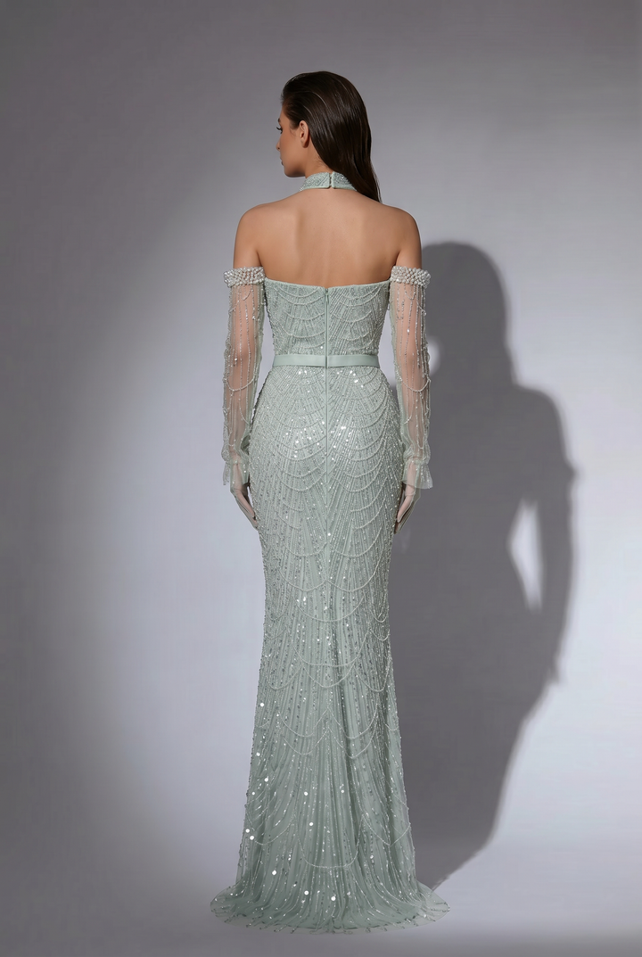 Mint Green Beaded Cold-Shoulder Dress - Pretty Sequin Dress- Elegant Halter Neck Sequin Evening Gown Plus Size