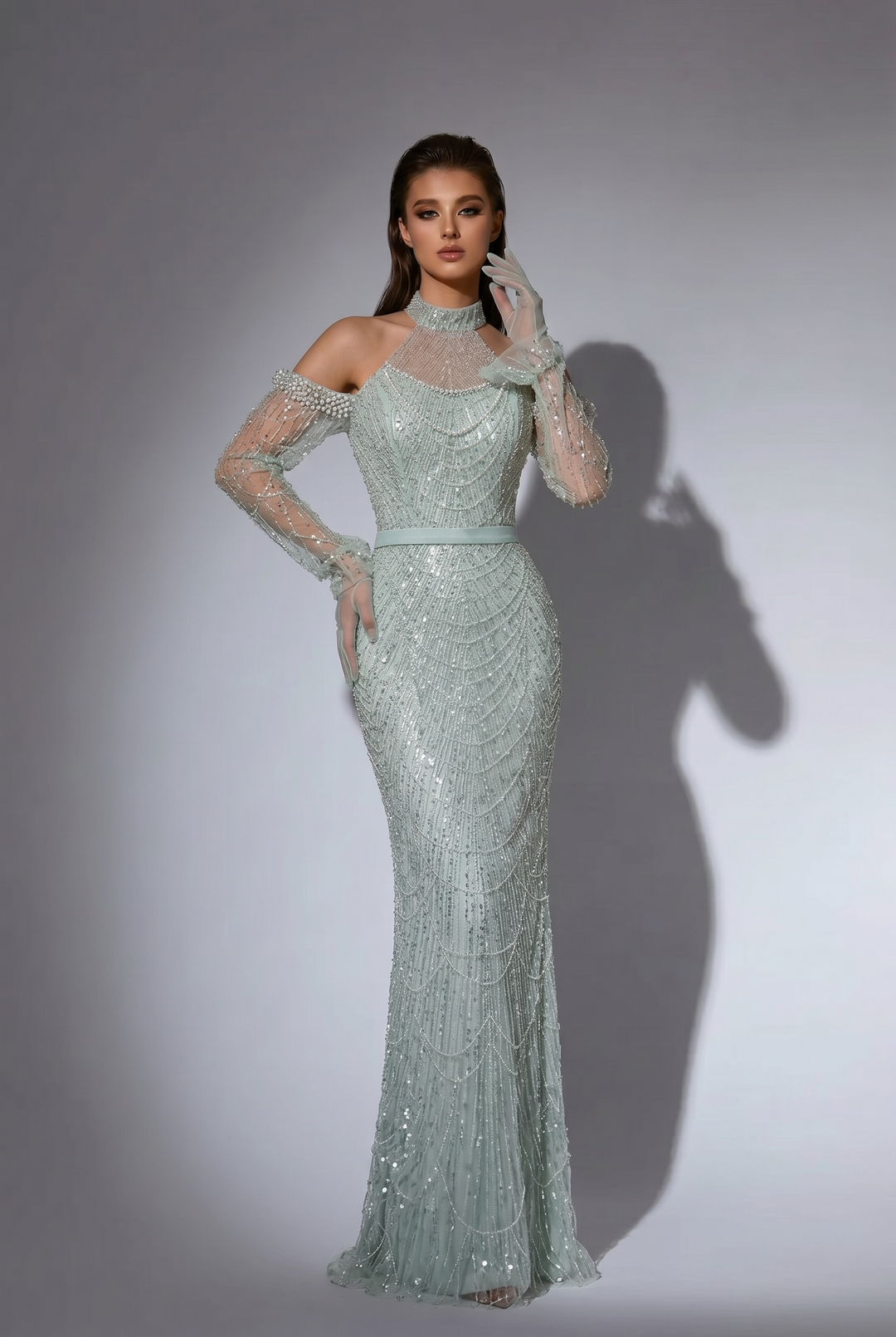 Mint Green Beaded Cold-Shoulder Dress