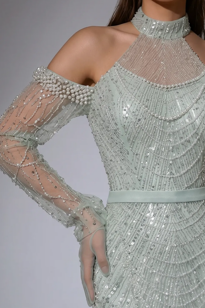 Mint Green Beaded Cold-Shoulder Dress - Pretty Sequin Dress- Elegant Halter Neck Sequin Evening Gown Plus Size