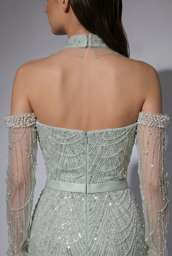 Mint Green Beaded Cold-Shoulder Dress - Pretty Sequin Dress- Elegant Halter Neck Sequin Evening Gown Plus Size
