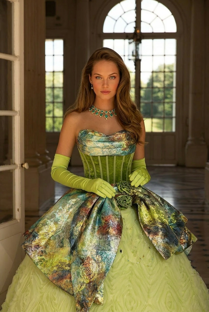 Mint Green Corset Evening Dress with Painterly Silk - Green Off-Shoulder Ball Gown Plus Size