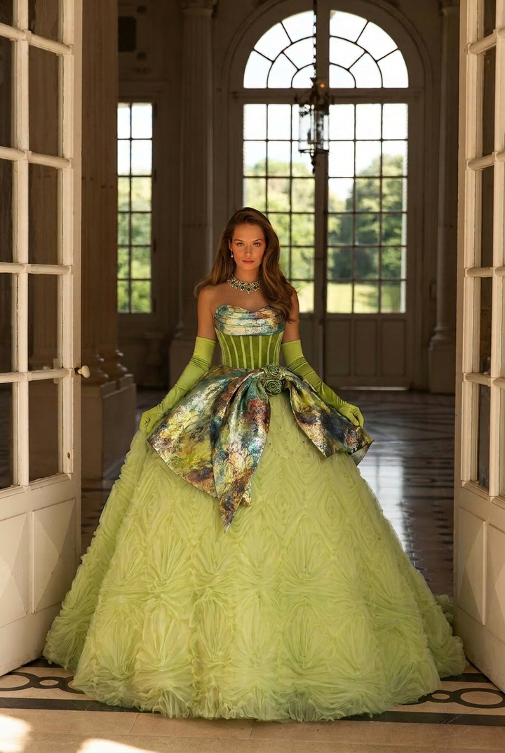 Mint Green Corset Evening Dress with Painterly Silk - Green Off-Shoulder Ball Gown Plus Size