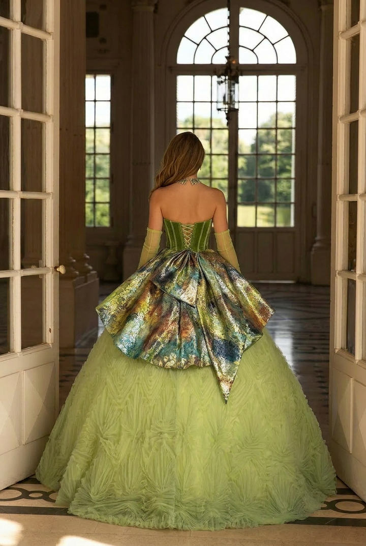 Mint Green Corset Evening Dress with Painterly Silk - Green Off-Shoulder Ball Gown Plus Size