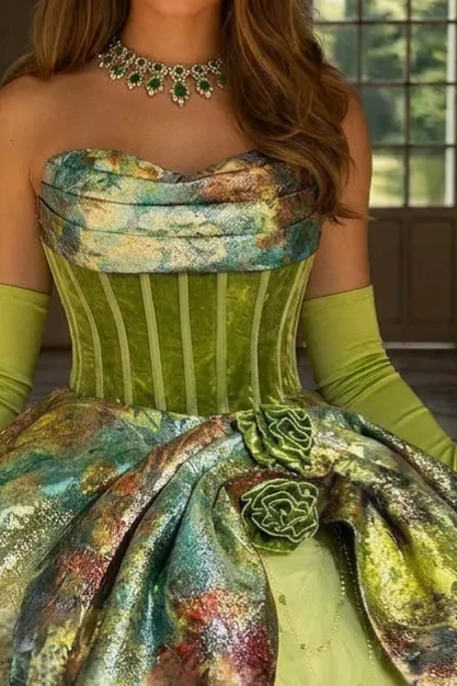 Mint Green Corset Evening Dress with Painterly Silk - Green Off-Shoulder Ball Gown Plus Size