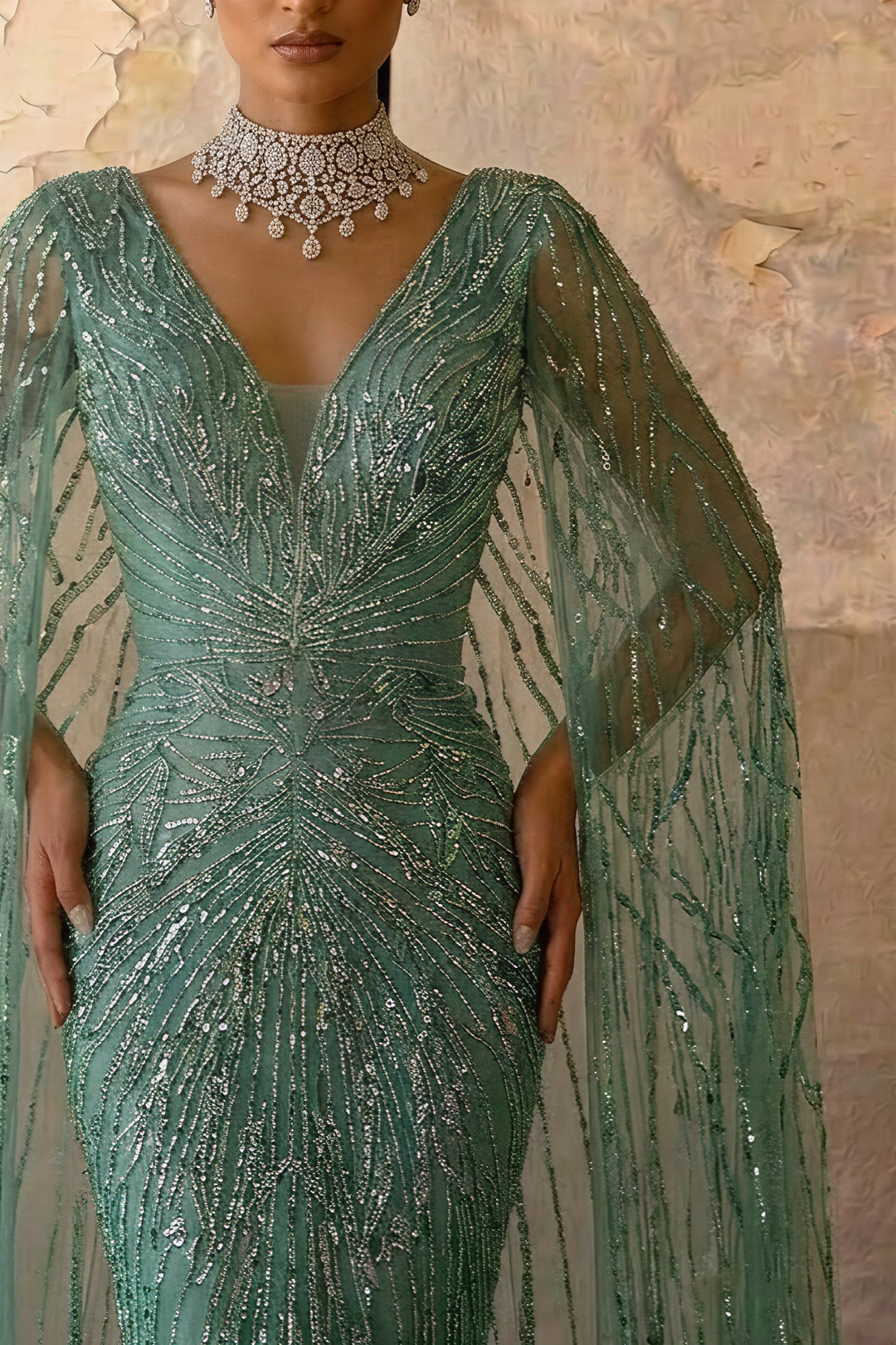 Mint Green Designer Sequin Gown Sparkly Maxi Dress With Long Sleeves and Train Plus Size Size 16W / Teal Green / With Choker Mint Green Designer Sequin Gown Sparkly Maxi Dress With Long Sleeves and Train Plus Size Size 16W / Teal Green / With Choker