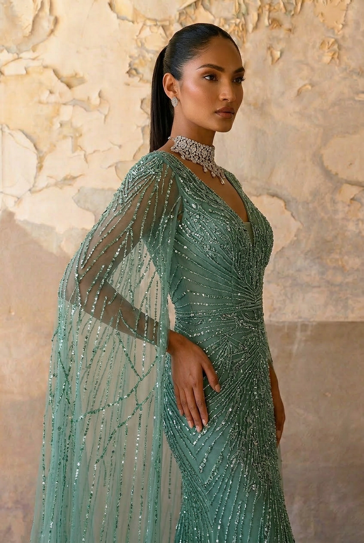 Mint Green Designer Sequin Gown Sparkly Maxi Dress With Long Sleeves and Train Plus Size Size 16W / Teal Green / With Choker Mint Green Designer Sequin Gown Sparkly Maxi Dress With Long Sleeves and Train Plus Size Size 16W / Teal Green / With Choker