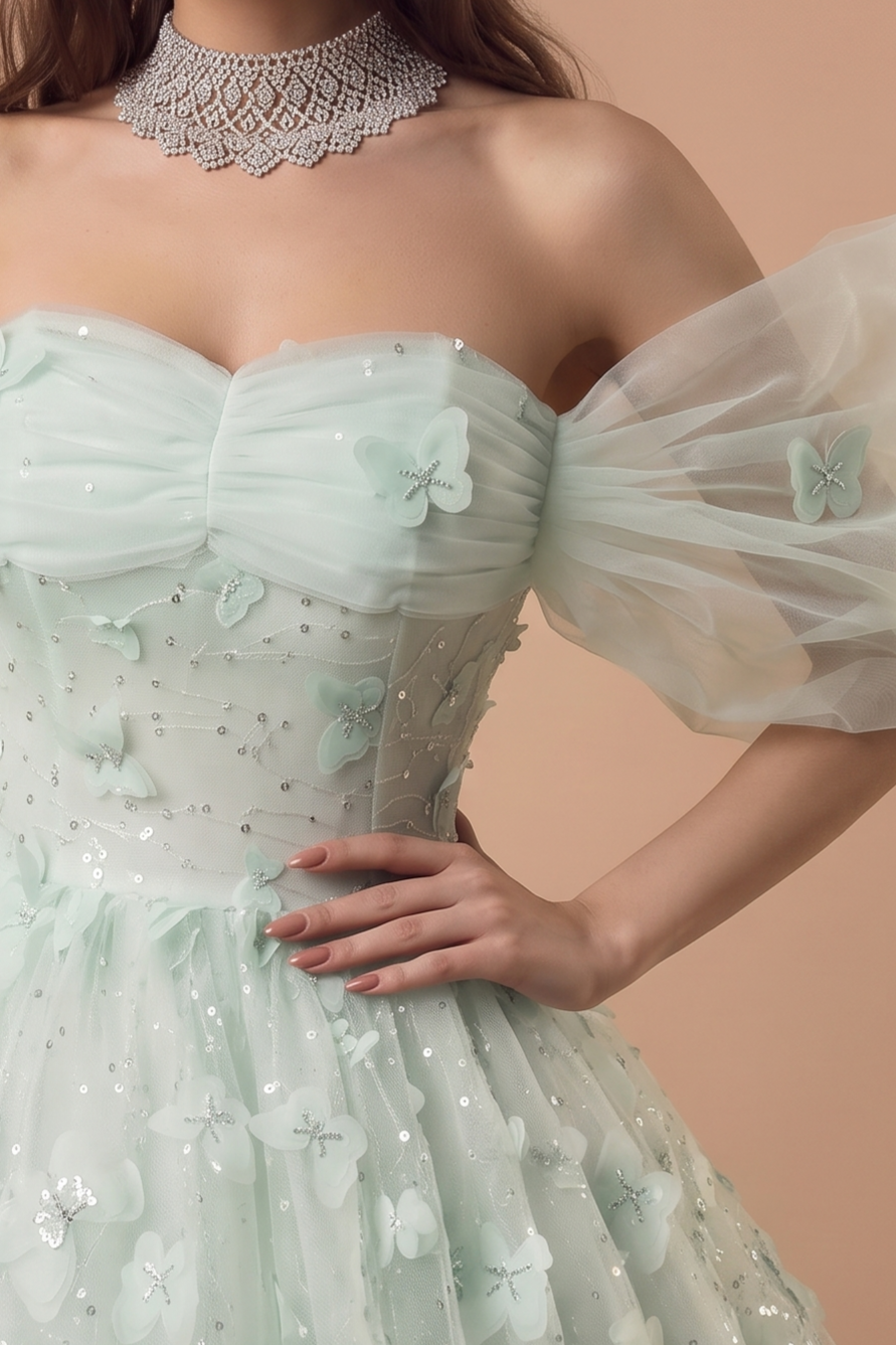 Mint Green Evening Dress with Floral Appliqué - Green Tulle Evening Gown with Corset Plus Size