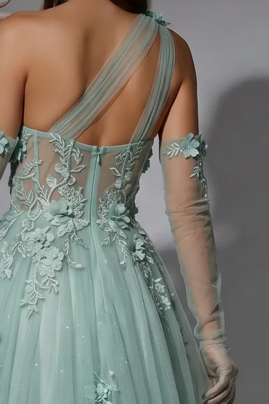 Mint Green Floral Applique Tulle Dress - Elegant One-Shoulder and Beaded Evening Gown Plus Size