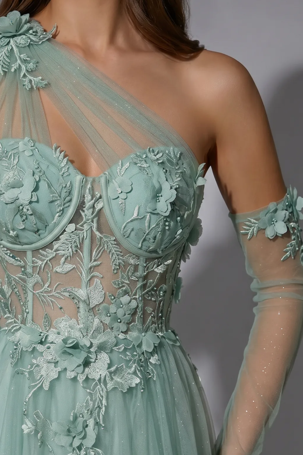 Mint Green Floral Applique Tulle Dress - Elegant One-Shoulder and Beaded Evening Gown Plus Size