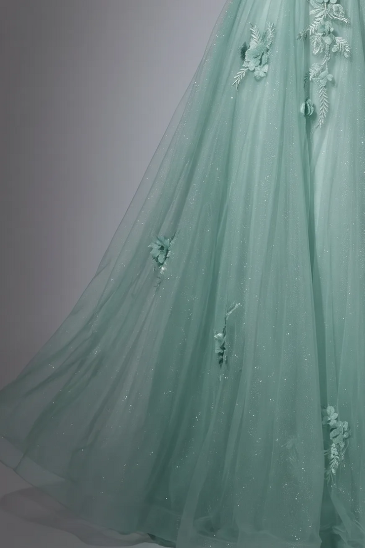 Mint Green Floral Applique Tulle Dress - Elegant One-Shoulder and Beaded Evening Gown Plus Size