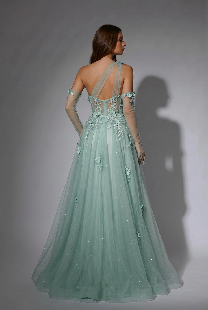 Mint Green Floral Applique Tulle Dress - Elegant One-Shoulder and Beaded Evening Gown Plus Size