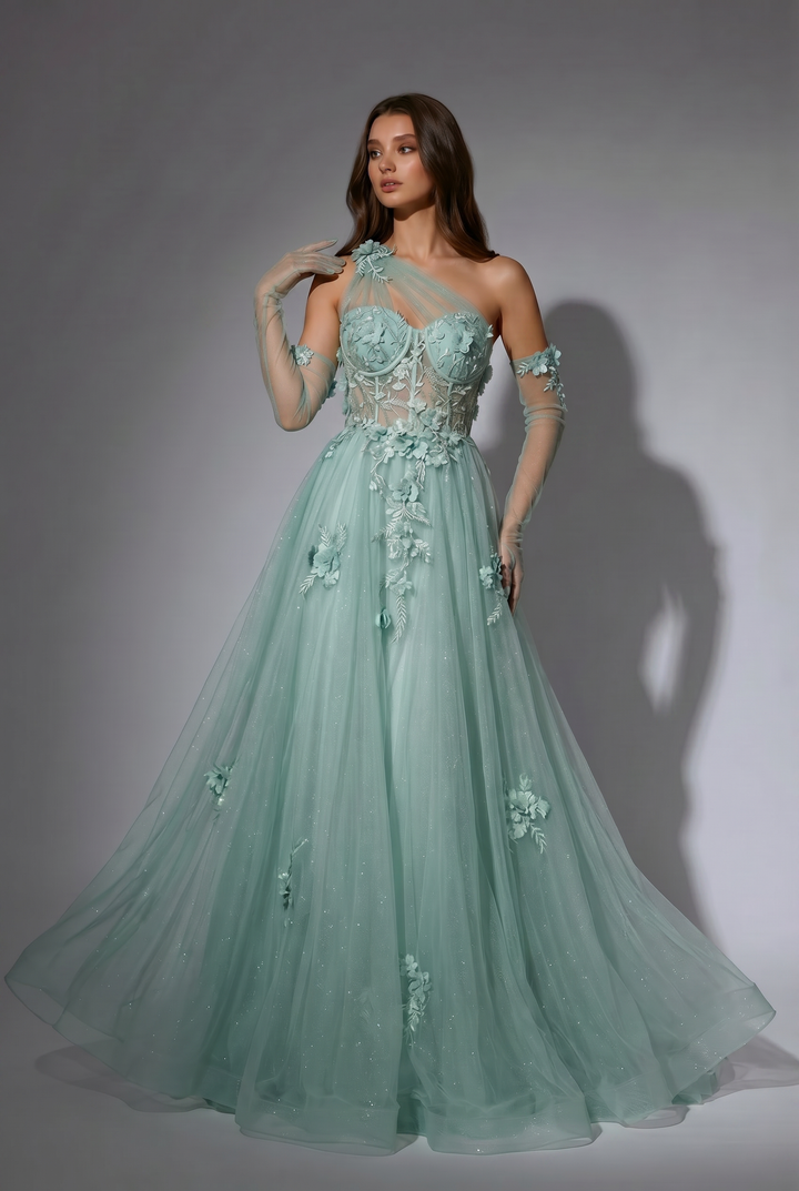 Mint Green Floral Applique Tulle Dress - Elegant One-Shoulder and Beaded Evening Gown Plus Size