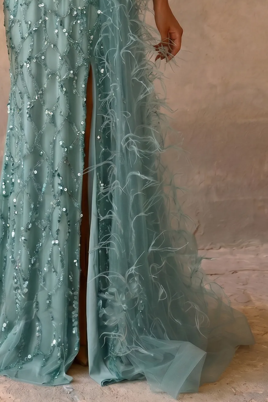Mint Green One-Shoulder Sequin Dress Feather Dress - Elegant Tulle Evening Gown Plus Size
