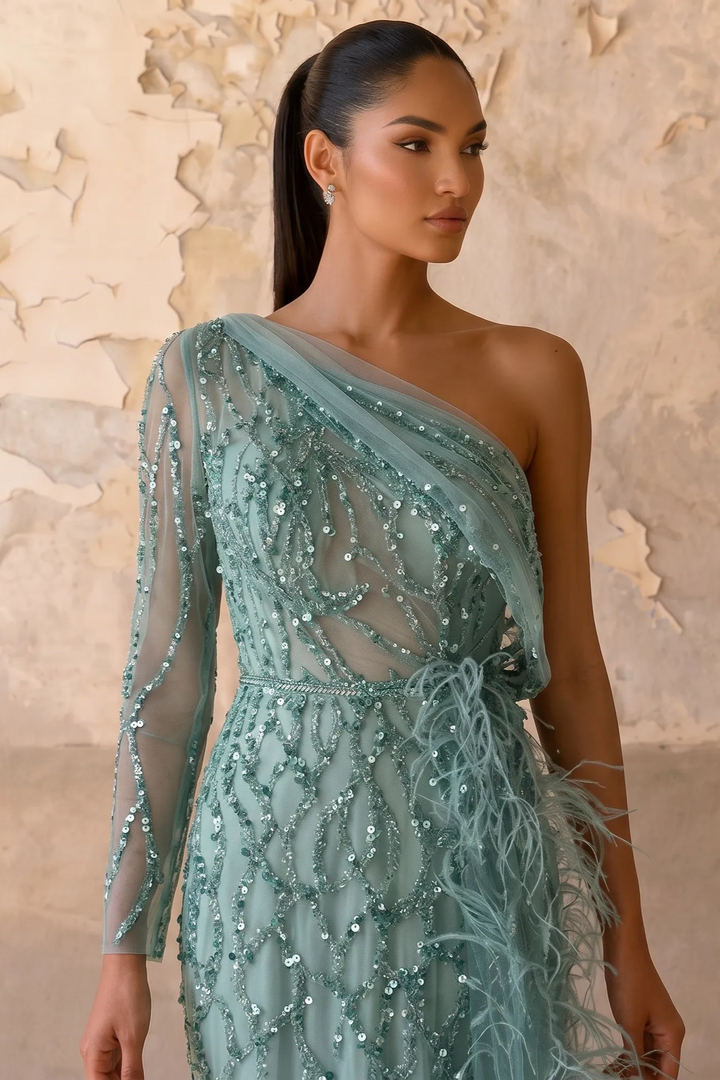 Mint Green One-Shoulder Sequin Dress Feather Dress - Elegant Tulle Evening Gown Plus Size