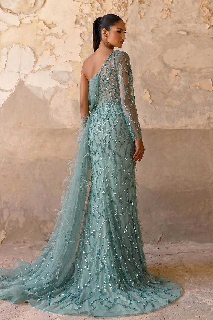 Mint Green One-Shoulder Sequin Dress Feather Dress - Elegant Tulle Evening Gown Plus Size