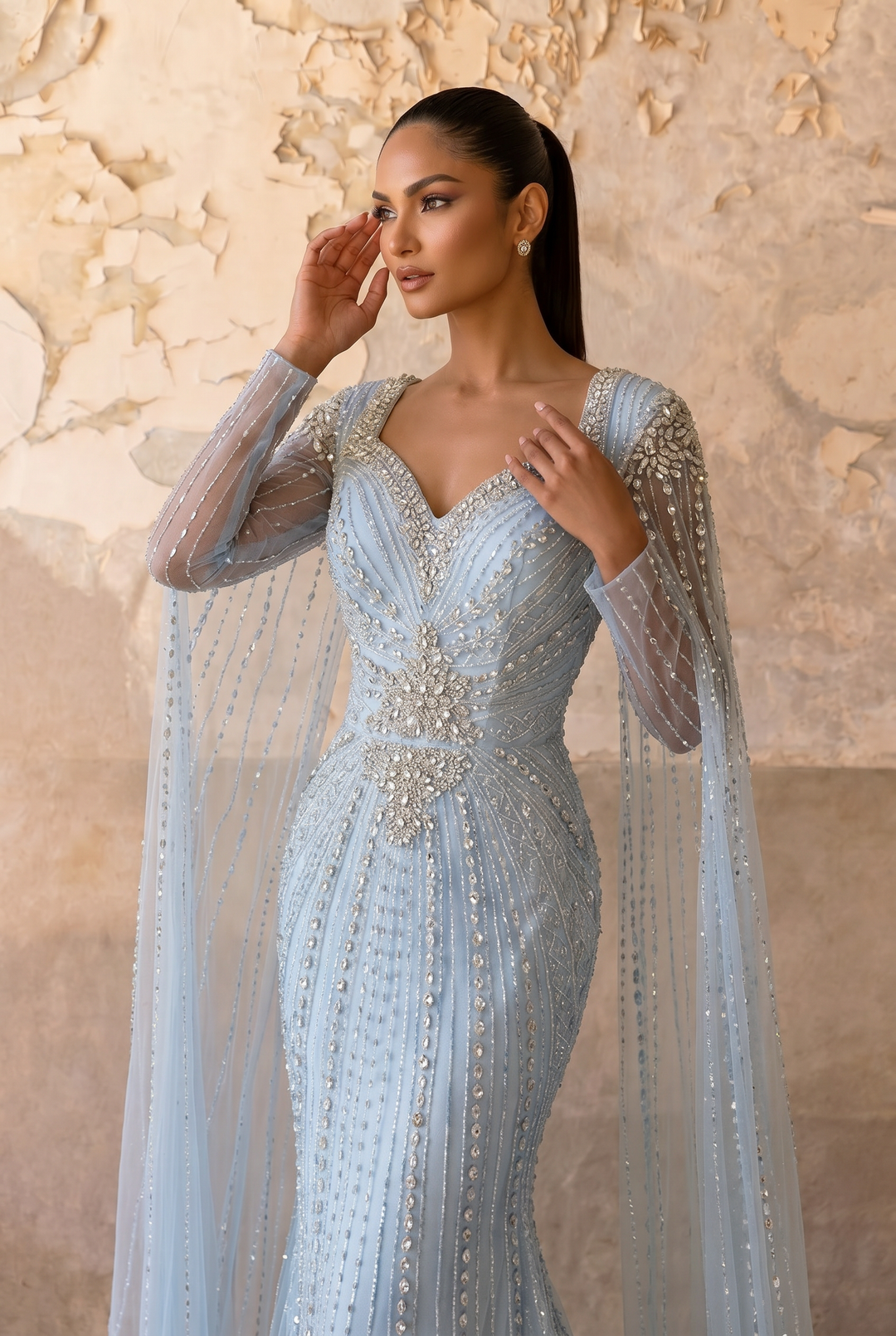 Ice Blue Mermaid Evening Gown with Illusion Cape Sleeves, Crystal Beaded V-Neck and Sweep Train – Formal Dress Plus Size