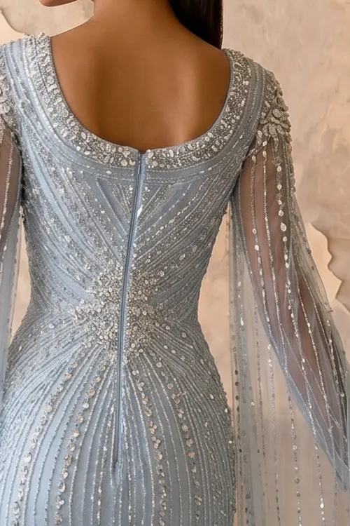 Ice Blue Mermaid Evening Gown with Illusion Cape Sleeves, Crystal Beaded V-Neck and Sweep Train – Formal Dress Plus Size
