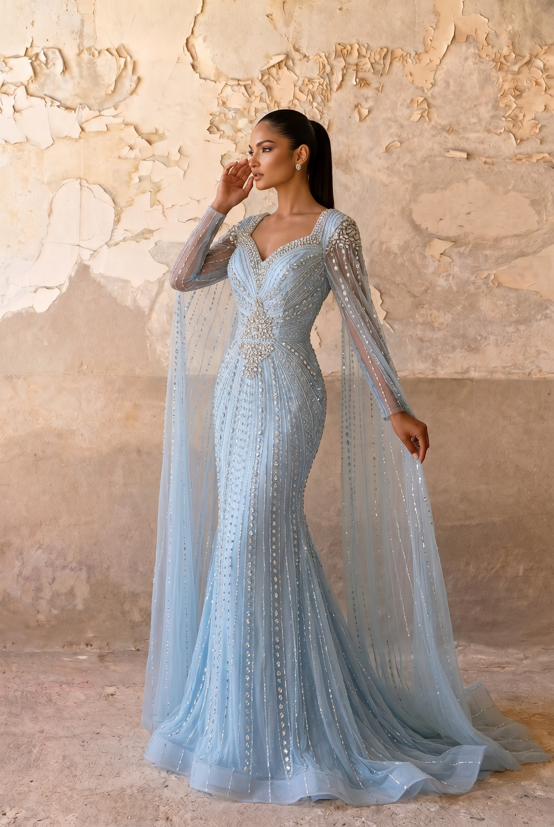 Ice Blue Mermaid Evening Gown with Illusion Cape Sleeves, Crystal Beaded V-Neck and Sweep Train – Formal Dress Plus Size