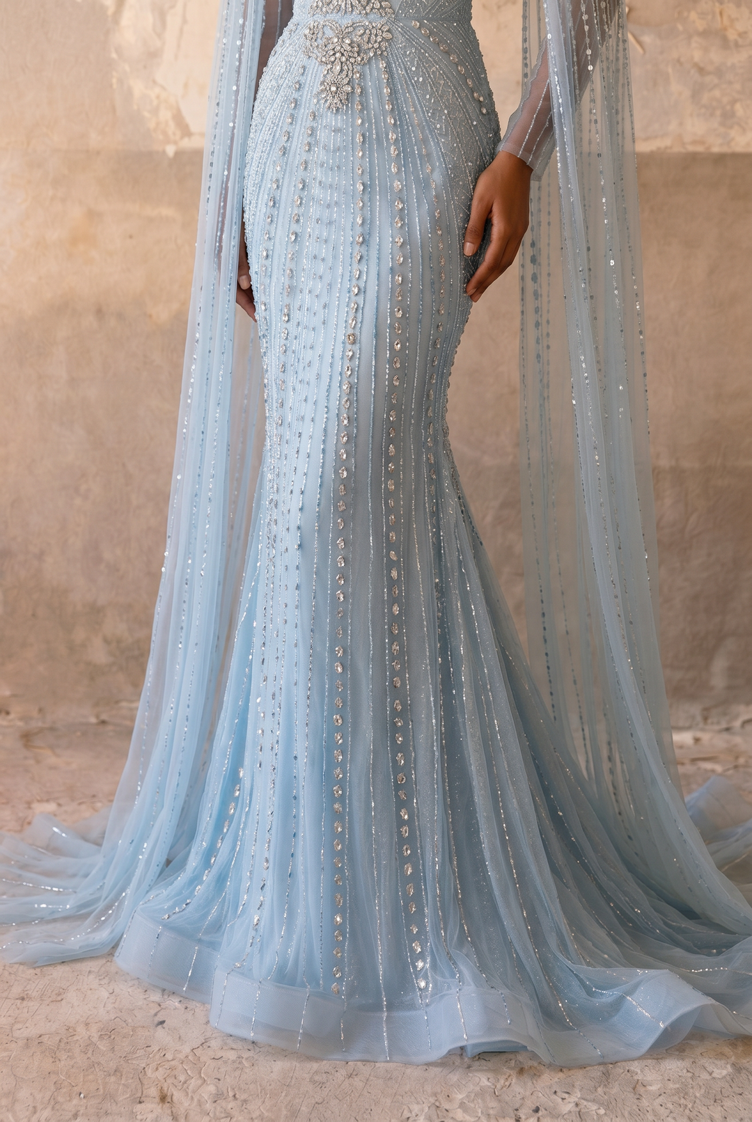 Ice Blue Mermaid Evening Gown with Illusion Cape Sleeves, Crystal Beaded V-Neck and Sweep Train – Formal Dress Plus Size