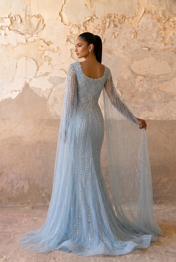Ice Blue Mermaid Evening Gown with Illusion Cape Sleeves, Crystal Beaded V-Neck and Sweep Train – Formal Dress Plus Size