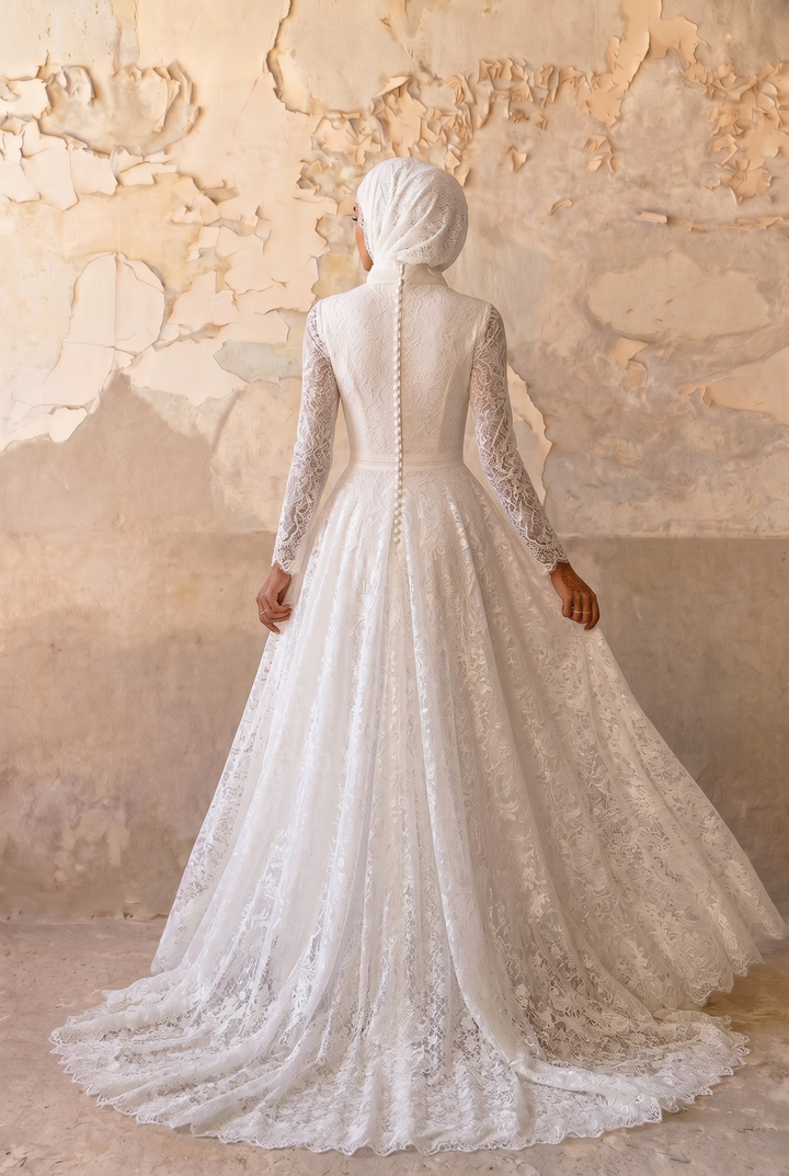 Modest Luxury Lace Wedding Dress with High Neck-Long Sleeves and A-Line Skirt – Elegant Bridal Gown Plus Size