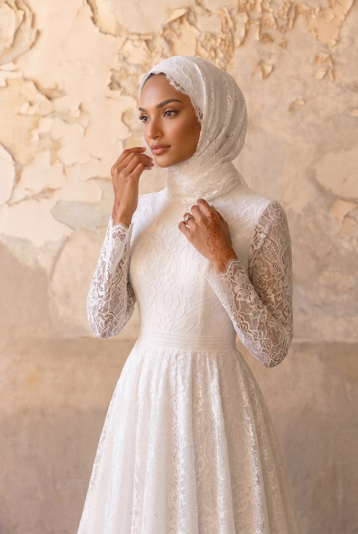Modest Luxury Lace Wedding Dress with High Neck-Long Sleeves and A-Line Skirt – Elegant Bridal Gown Plus Size