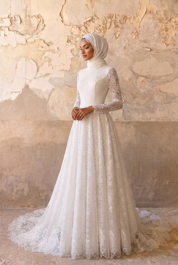 Modest Luxury Lace Wedding Dress with High Neck-Long Sleeves and A-Line Skirt – Elegant Bridal Gown Plus Size