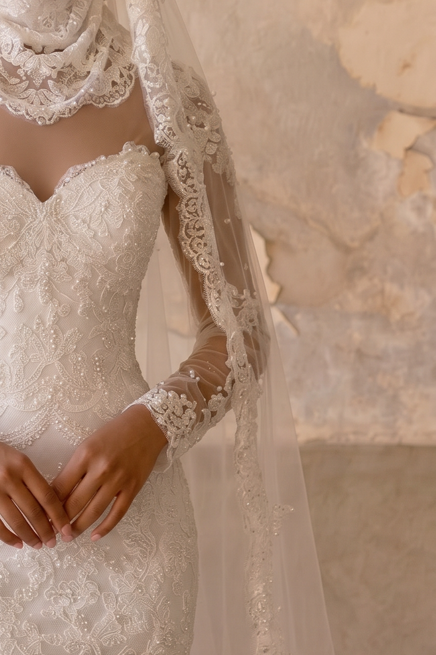 Modest Luxury Mermaid Wedding Dress with Detachable Lace Scarf-Illusion Long Sleeves and Ruffle Skirt – Elegant Bridal Gown Plus Size