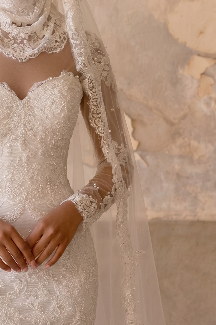Modest Luxury Mermaid Wedding Dress with Detachable Lace Scarf-Illusion Long Sleeves and Ruffle Skirt – Elegant Bridal Gown Plus Size