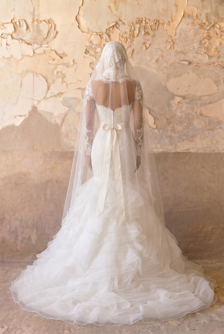 Modest Luxury Mermaid Wedding Dress with Detachable Lace Scarf-Illusion Long Sleeves and Ruffle Skirt – Elegant Bridal Gown Plus Size