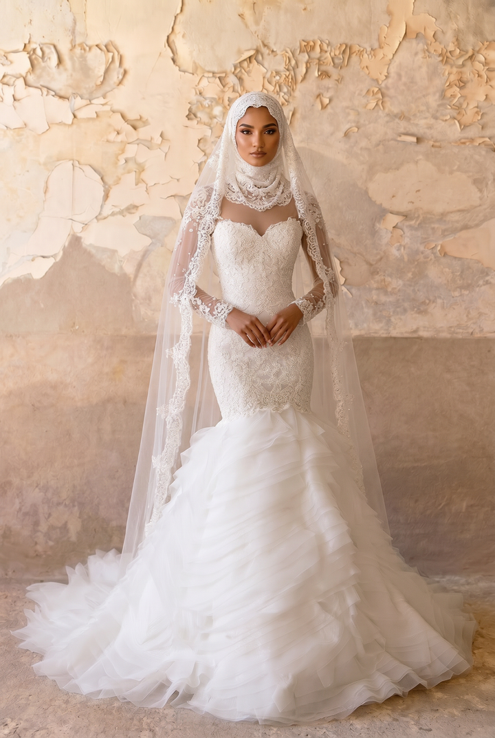Modest Luxury Mermaid Wedding Dress with Detachable Lace Scarf-Illusion Long Sleeves and Ruffle Skirt – Elegant Bridal Gown Plus Size