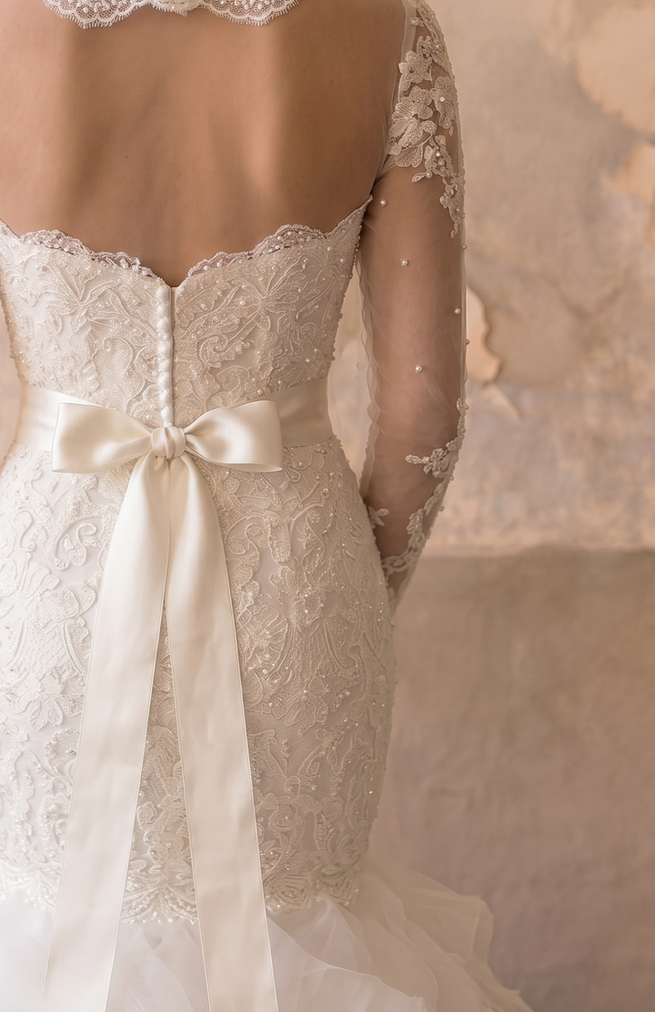 Modest Luxury Mermaid Wedding Dress with Detachable Lace Scarf-Illusion Long Sleeves and Ruffle Skirt – Elegant Bridal Gown Plus Size