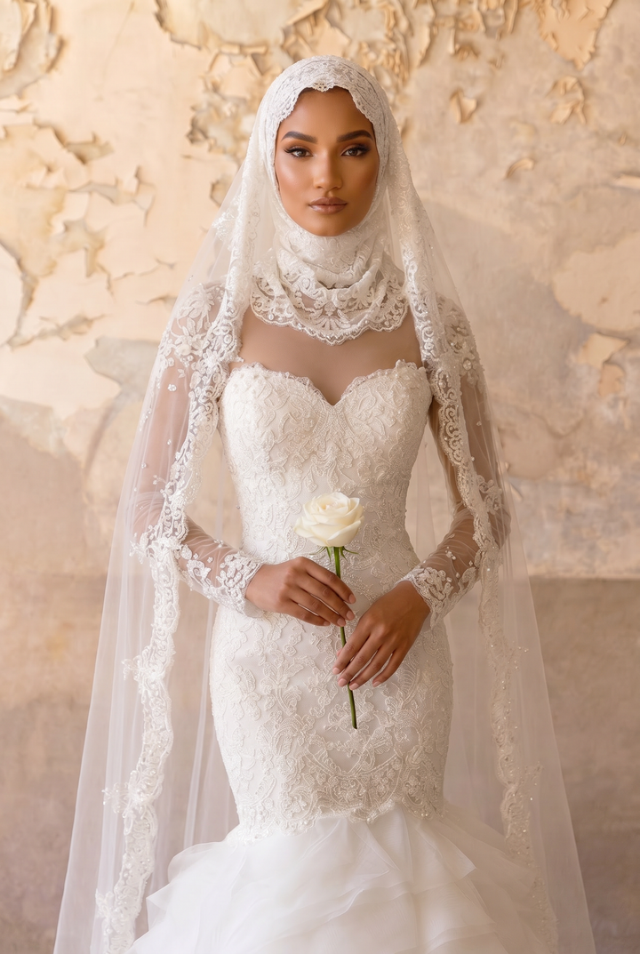 Modest Luxury Mermaid Wedding Dress with Detachable Lace Scarf-Illusion Long Sleeves and Ruffle Skirt – Elegant Bridal Gown Plus Size