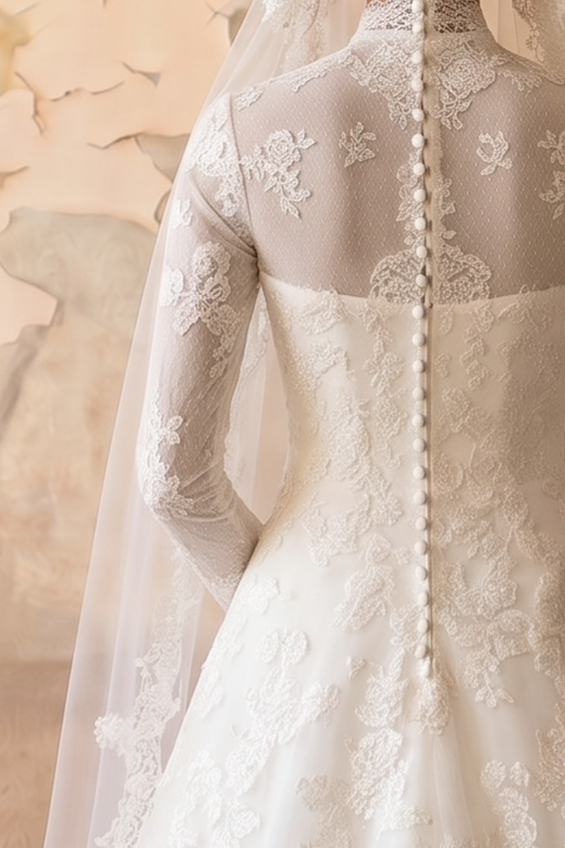 Modest Luxury Wedding Dress with High Neck Lace- Long Sleeves and Cathedral Train – Elegant A-Line Bridal Gown Plus Size