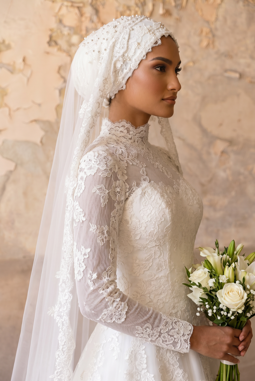 Modest Luxury Wedding Dress with High Neck Lace- Long Sleeves and Cathedral Train – Elegant A-Line Bridal Gown Plus Size