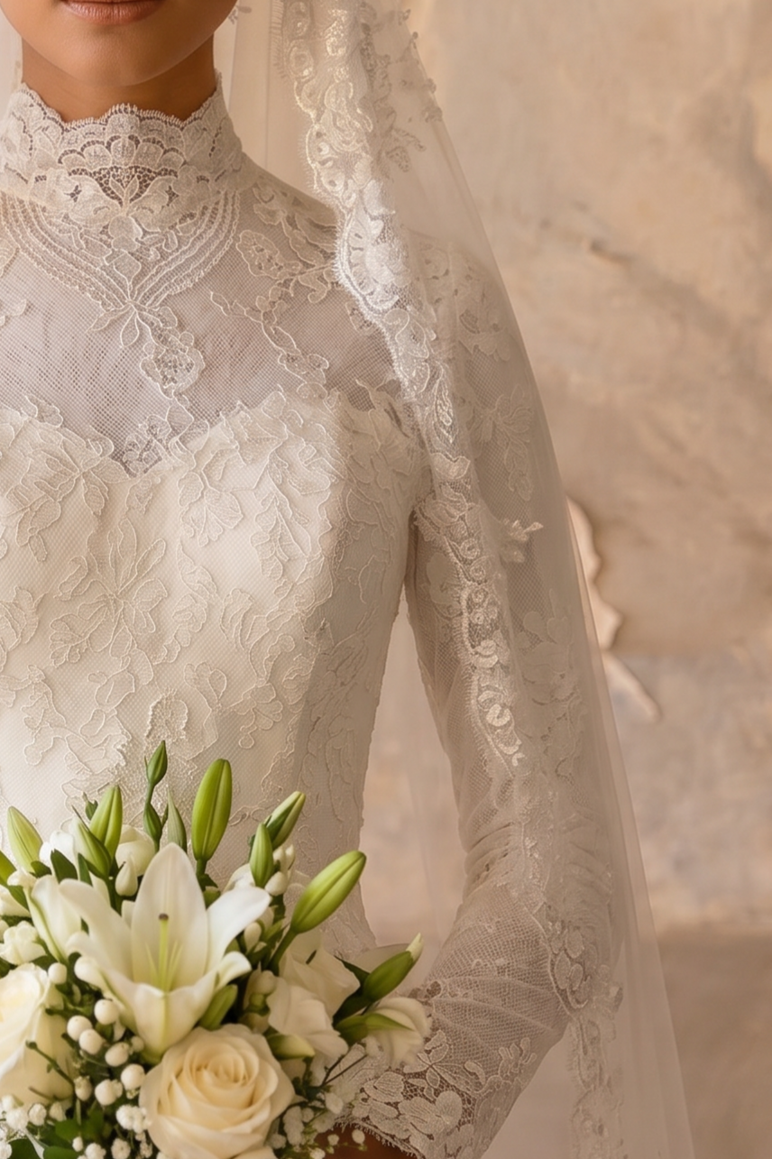 Modest Luxury Wedding Dress with High Neck Lace- Long Sleeves and Cathedral Train – Elegant A-Line Bridal Gown Plus Size