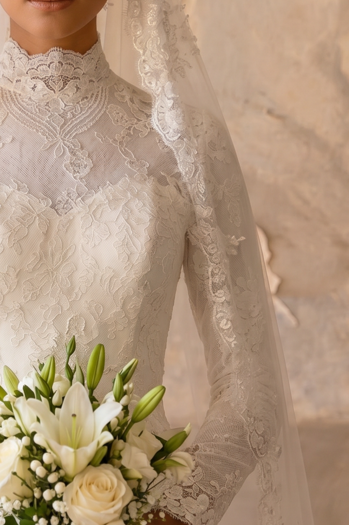 Modest Luxury Wedding Dress with High Neck Lace- Long Sleeves and Cathedral Train – Elegant A-Line Bridal Gown Plus Size