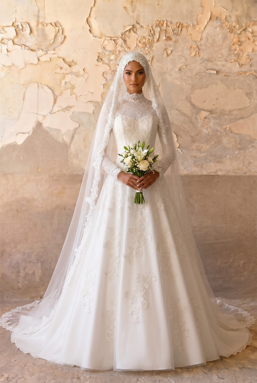 Modest Luxury Wedding Dress with High Neck Lace- Long Sleeves and Cathedral Train – Elegant A-Line Bridal Gown Plus Size