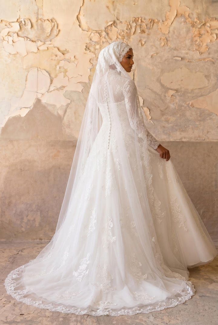 Modest Luxury Wedding Dress with High Neck Lace- Long Sleeves and Cathedral Train – Elegant A-Line Bridal Gown Plus Size