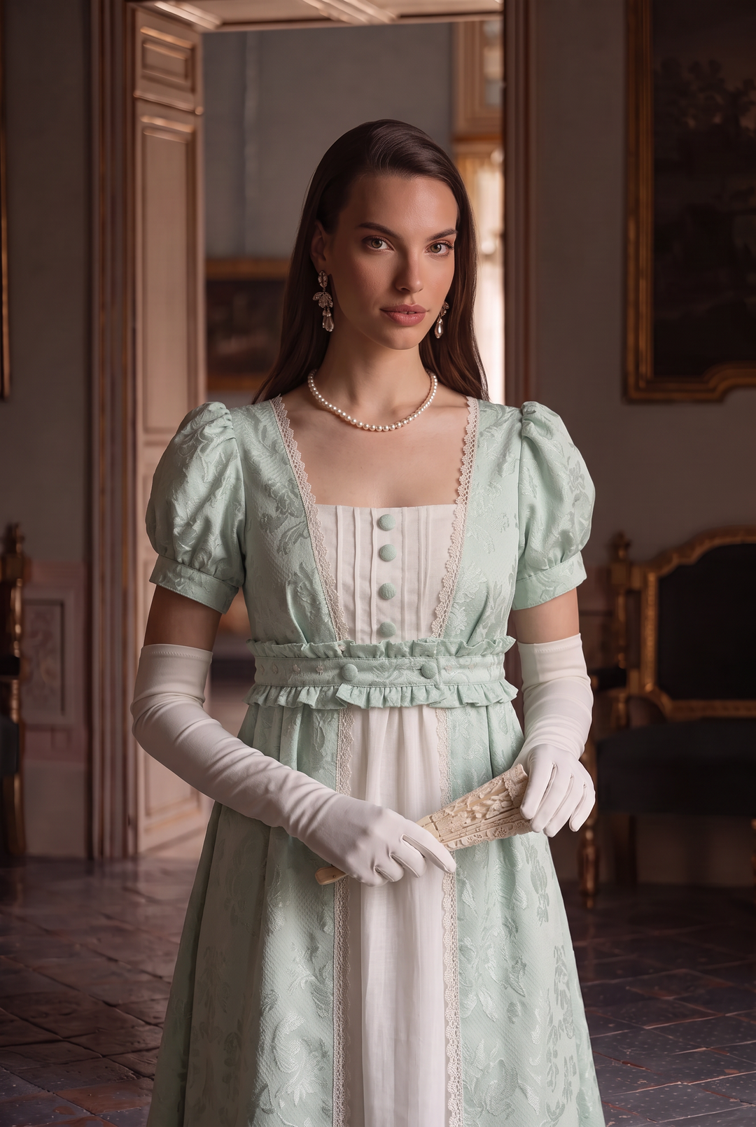 Modest Green Cotton Regency Dress - Jane Austin Regency Era Ball Gown  - Plus Size
