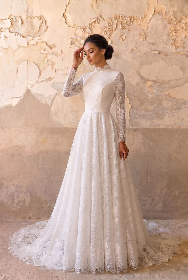 Modest Luxury Lace Wedding Dress with High Neck-Long Sleeves and A-Line Skirt – Elegant Bridal Gown Plus Size