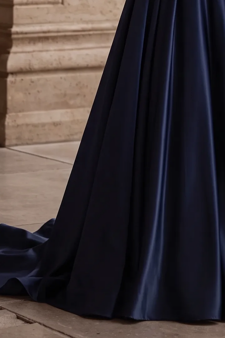 Navy Blue Off-the-Shoulder Satin Ball Gown with Draped Bodice and Floral Appliqué – Luxury Formal Evening Dress Plus Size