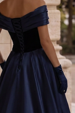 Navy Blue Off-the-Shoulder Satin Ball Gown with Draped Bodice and Floral Appliqué – Luxury Formal Evening Dress Plus Size