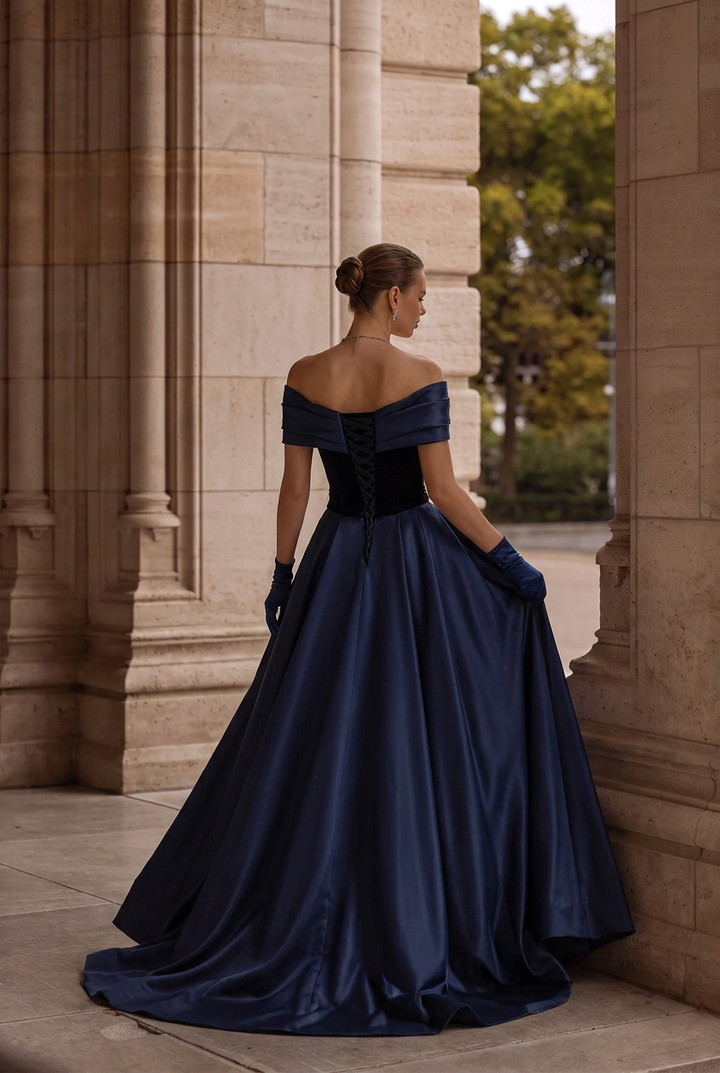Navy Blue Off-the-Shoulder Satin Ball Gown with Draped Bodice and Floral Appliqué – Luxury Formal Evening Dress Plus Size