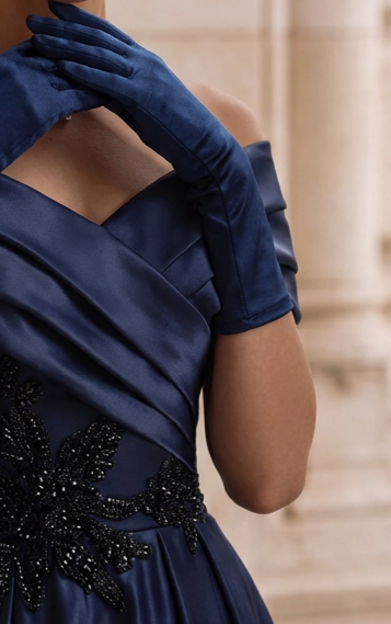 Navy Blue Off-the-Shoulder Satin Ball Gown with Draped Bodice and Floral Appliqué – Luxury Formal Evening Dress Plus Size