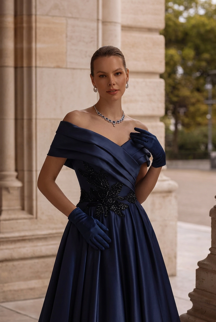 Navy Blue Off-the-Shoulder Satin Ball Gown with Draped Bodice and Floral Appliqué – Luxury Formal Evening Dress Plus Size
