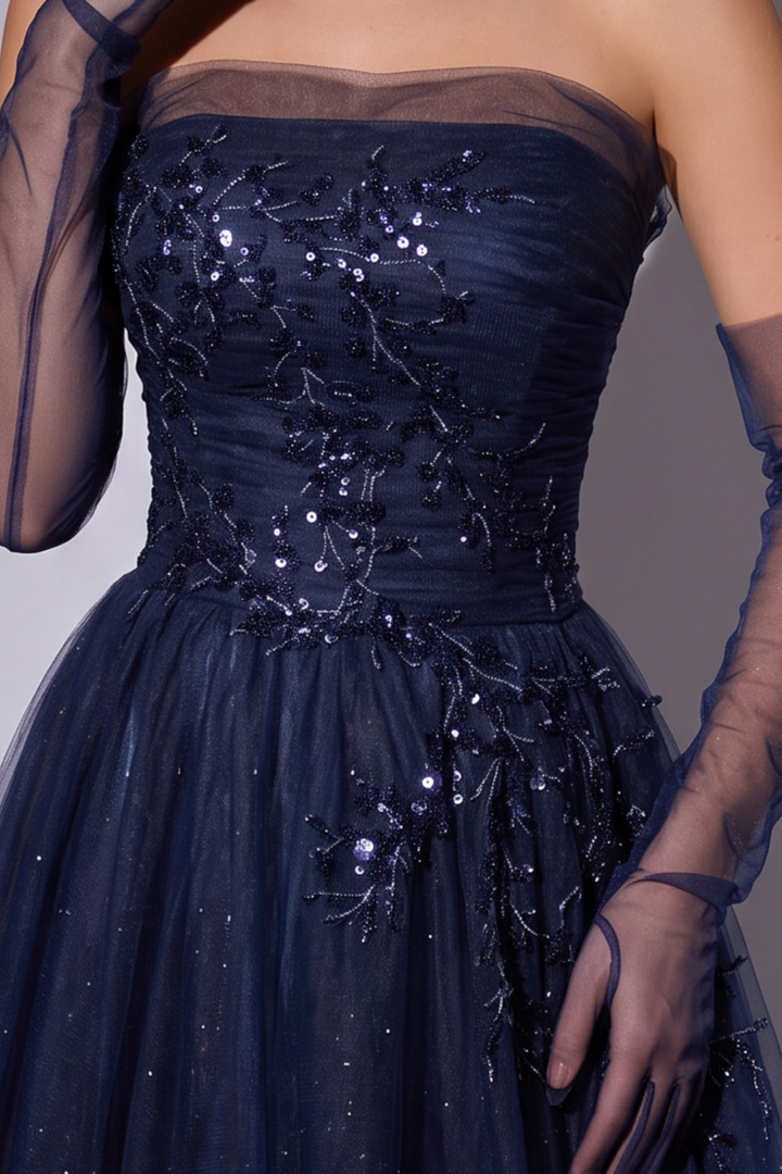 Navy Blue Sparkly Tulle Evening Gown with Corset Back - Strapless Embellished Dress with Sheer Tulle Overlay - A-Line Formal Gown Plus Size